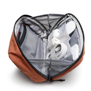NIID NEO Tech Pouch in Venetian Red open showing mesh divider and elastic loops organizing tech accessories.