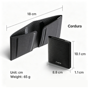 NIID NEX cordura black bifold wallet dimension chart, open and closed view with cm size labels, 65g weight info