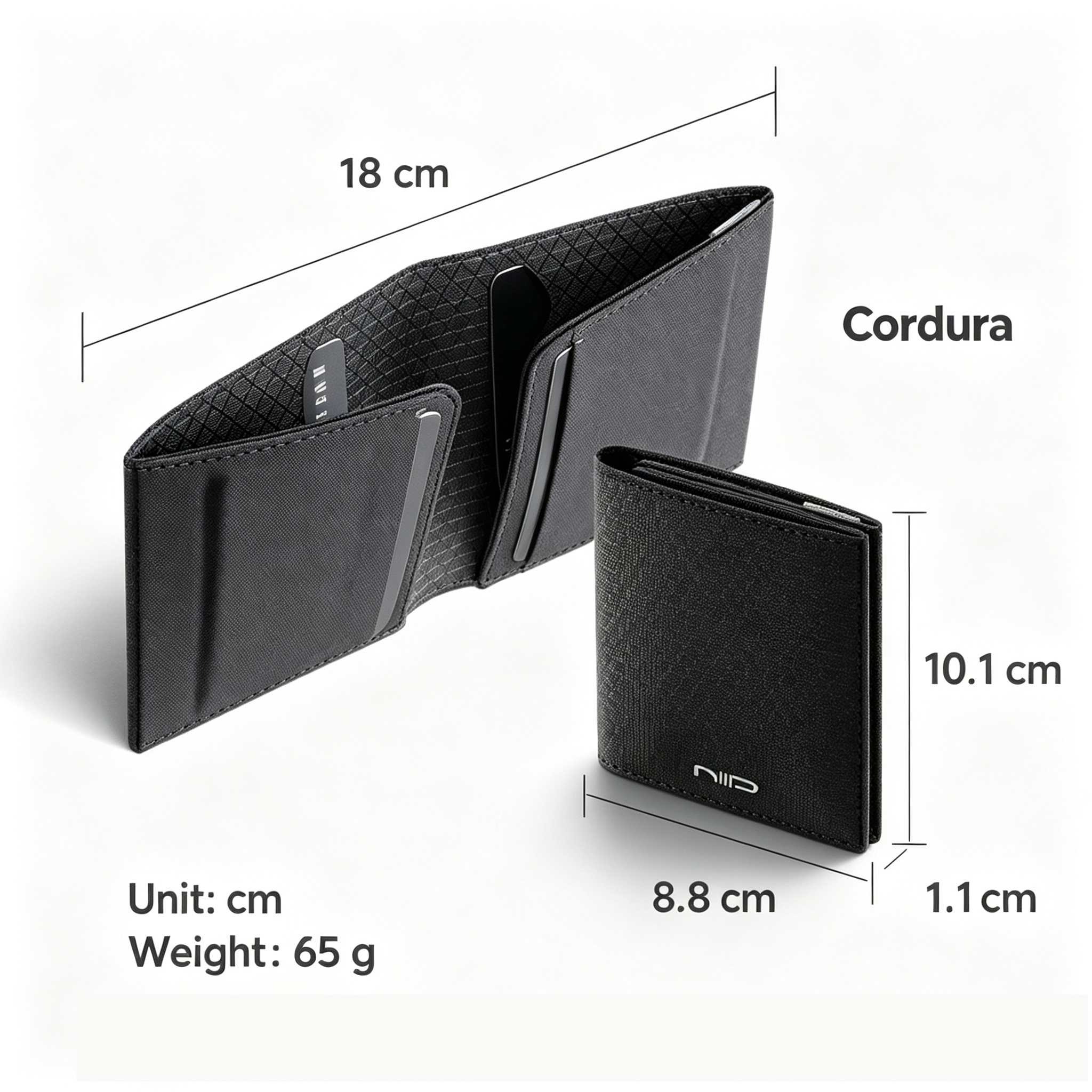NIID NEX cordura black bifold wallet dimension chart, open and closed view with cm size labels, 65g weight info