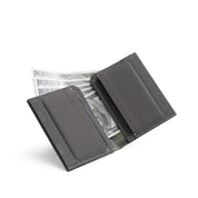 Open dark gray Nebula fabric NIID NEX slim bifold wallet on clean plain white background, layered card slots with US dollar bills stored inside, inner lightweight fabric structure display of minimalist men’s everyday carry card wallet