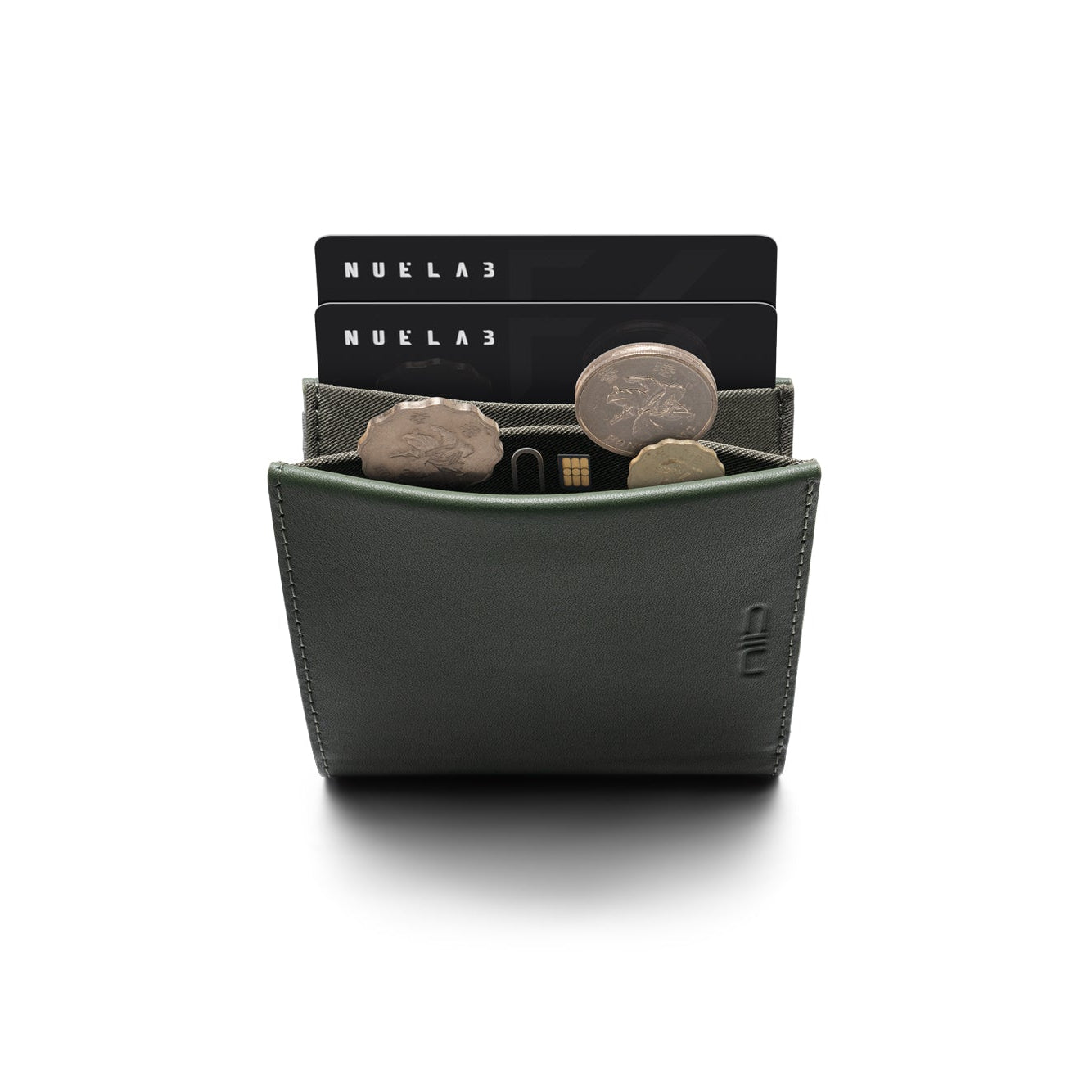 Front view of dark green genuine leather NIID NEX slim bifold wallet on clean white background, multiple black bank cards inserted in slots, silver coins stored in built-in coin pocket, embossed NIID logo on lower front, men compact card holder product shot