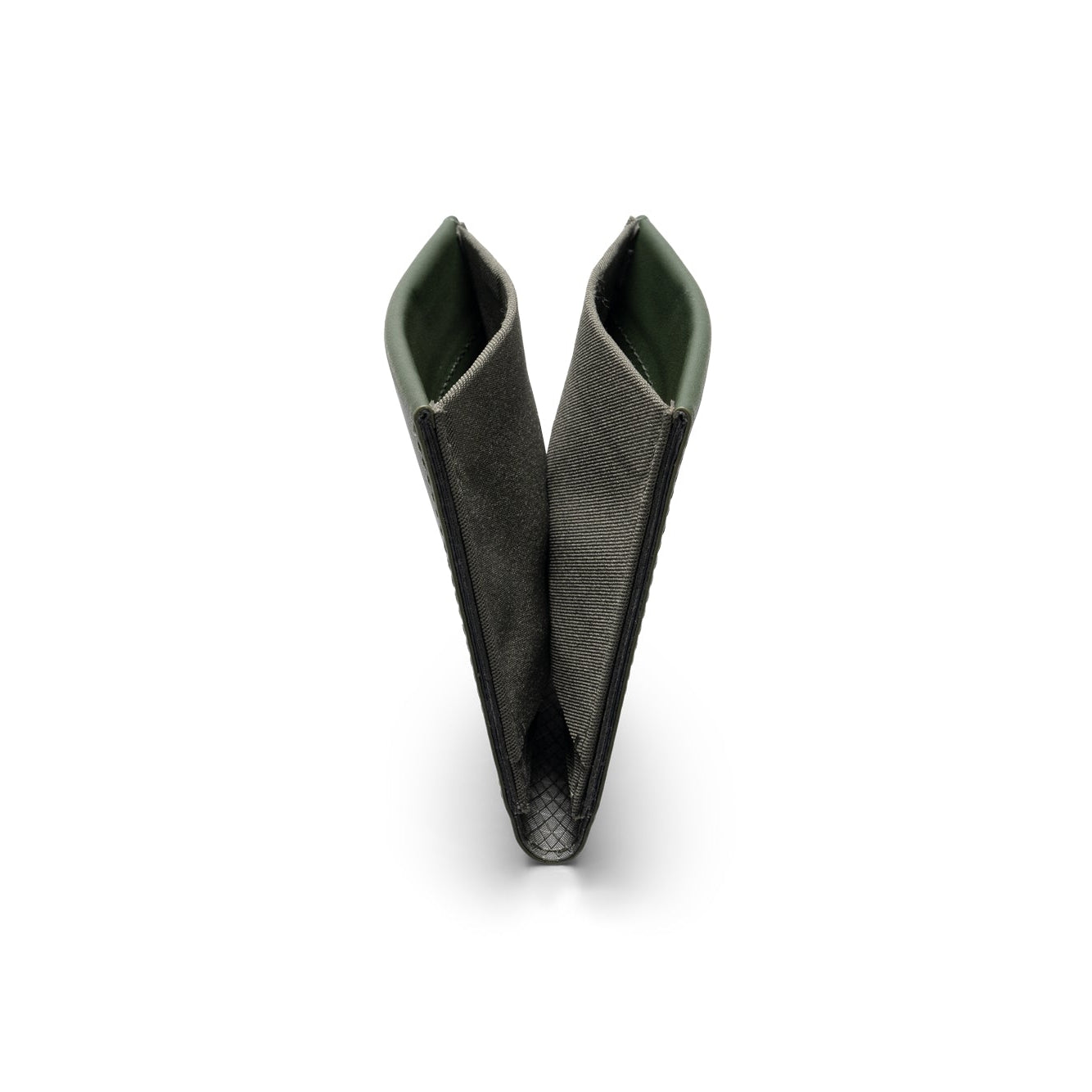 V-shaped fully opened NIID NEX slim bifold wallet standing upright on plain white background, dark green genuine leather exterior paired with dark gray Nebula fabric interior, hollow open structure display of minimalist men’s card holder