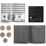 Flat lay product shot of open light gray NIID NEX slim bifold wallet with grid interior lining on plain white background; arranged alongside US $100 dollar bills, black credit card and five metal coins, fully displaying the wallet’s cash and card storage capacity, minimalist men’s EDC capacity demonstration photo