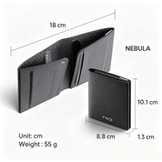 NIID NEX nebula fabric black bifold wallet size chart, open & closed view with cm measurements, 55g weight text