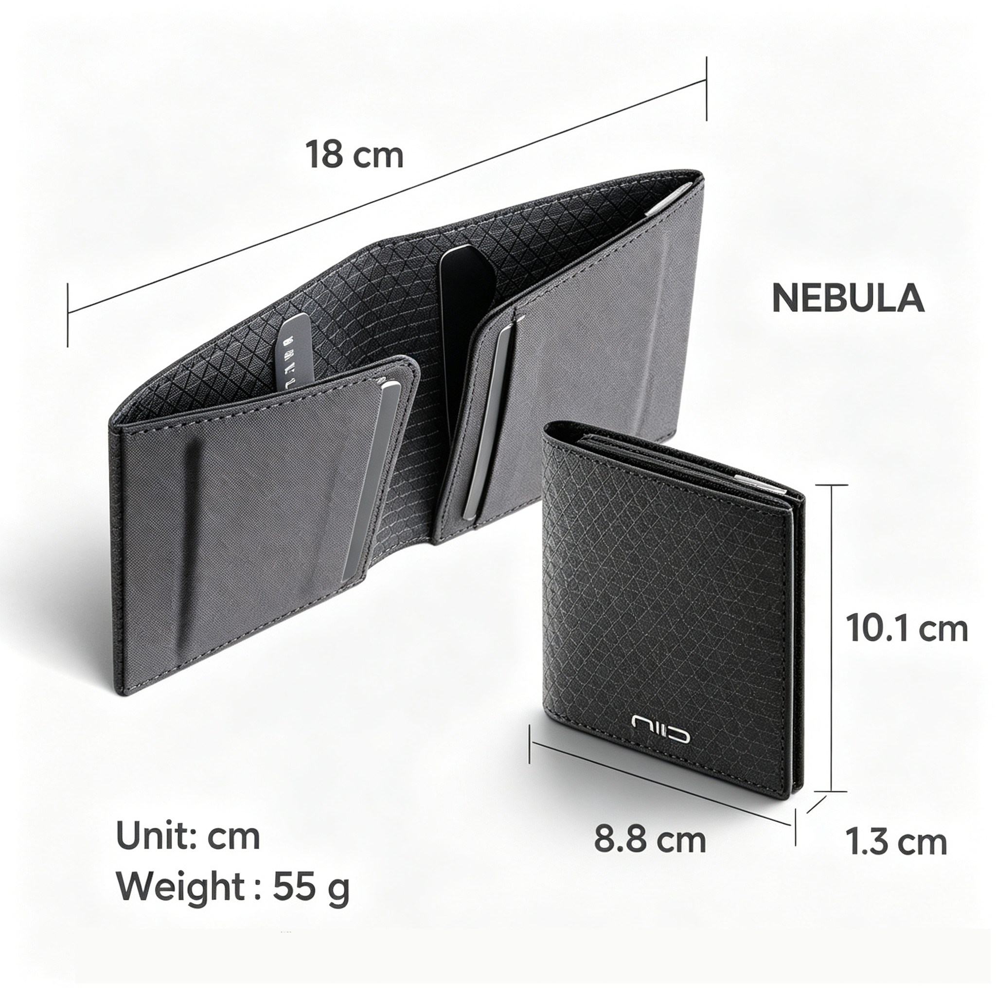 NIID NEX nebula fabric black bifold wallet size chart, open & closed view with cm measurements, 55g weight text