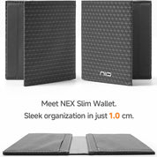 Product banner graphic for NIID NEX Slim Wallet on clean white background, displaying closed and fully open views of gray geometric grid Nebula fabric bifold wallet; headline text reads "Meet NEX Slim Wallet. Sleek organization in just 1.0 cm.", highlighting the ultra-thin 1cm slim profile and interior multi-slot storage layout, minimalist product showcase banner