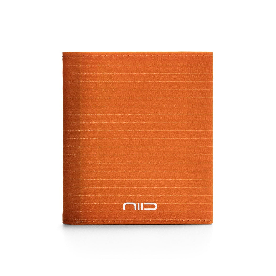 Front studio shot of bright orange grid Cordura fabric NIID NEX slim bifold wallet centered on clean solid white background, subtle light triangular geometric grid pattern all over surface, white embossed NIID logo centered at bottom front, soft faint shadow underneath, lightweight durable outdoor men’s minimalist EDC card wallet product photography
