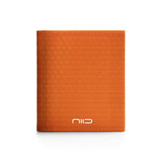 Front studio shot of bright orange grid Cordura fabric NIID NEX slim bifold wallet centered on clean solid white background, subtle light triangular geometric grid pattern all over surface, white embossed NIID logo centered at bottom front, soft faint shadow underneath, lightweight durable outdoor men’s minimalist EDC card wallet product photography