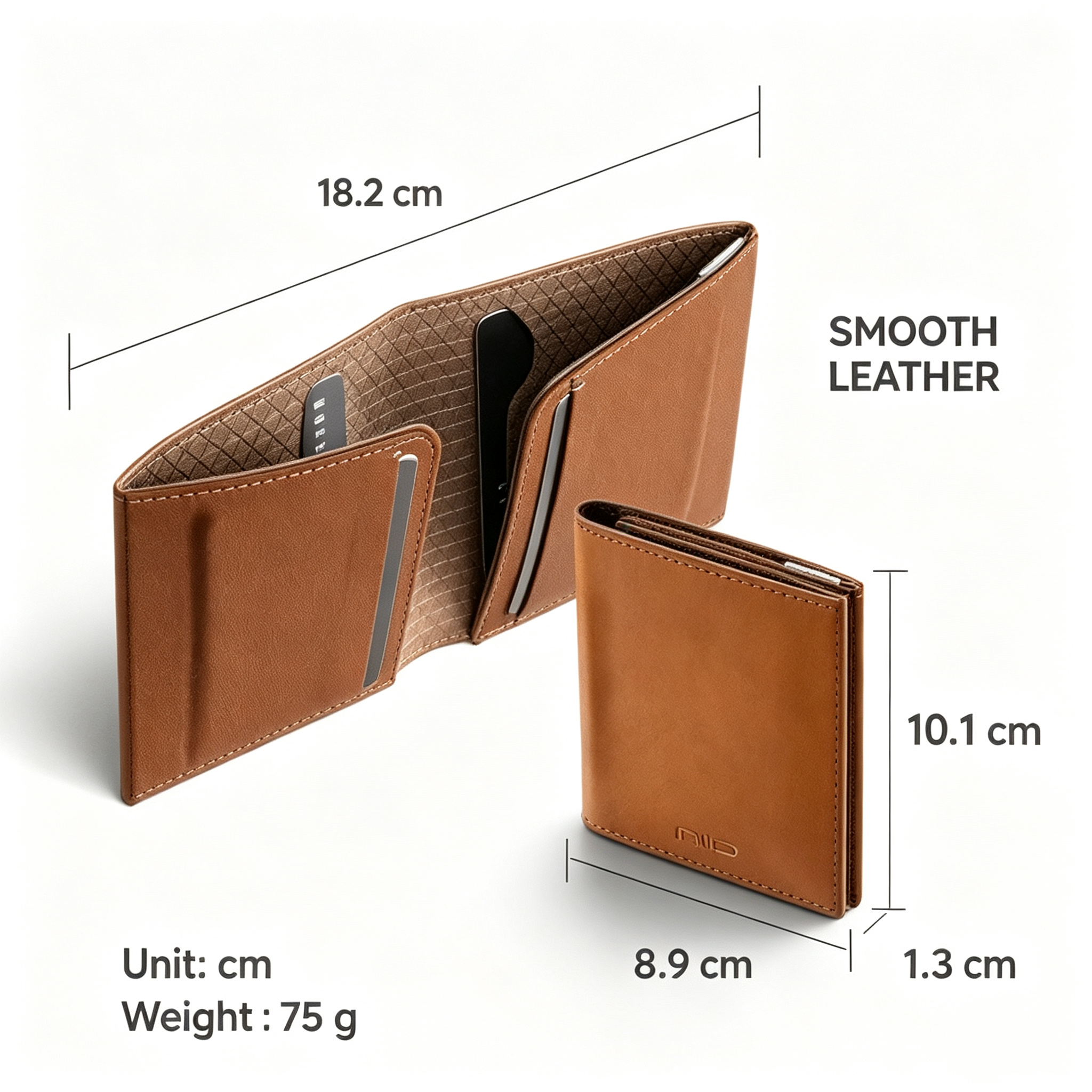 NIID NEX slim smooth leather brown bifold wallet size dimension spec banner, open and closed wallet display with cm measurement markings, smooth leather material text, unit and weight info on white background, 1:1 product specification graphic
