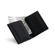Open solid black Cordura fabric NIID NEX slim bifold wallet on clean plain white background, layered card slots with US dollar bills tucked inside, inner durable fabric storage display of minimalist men’s everyday carry card wallet
