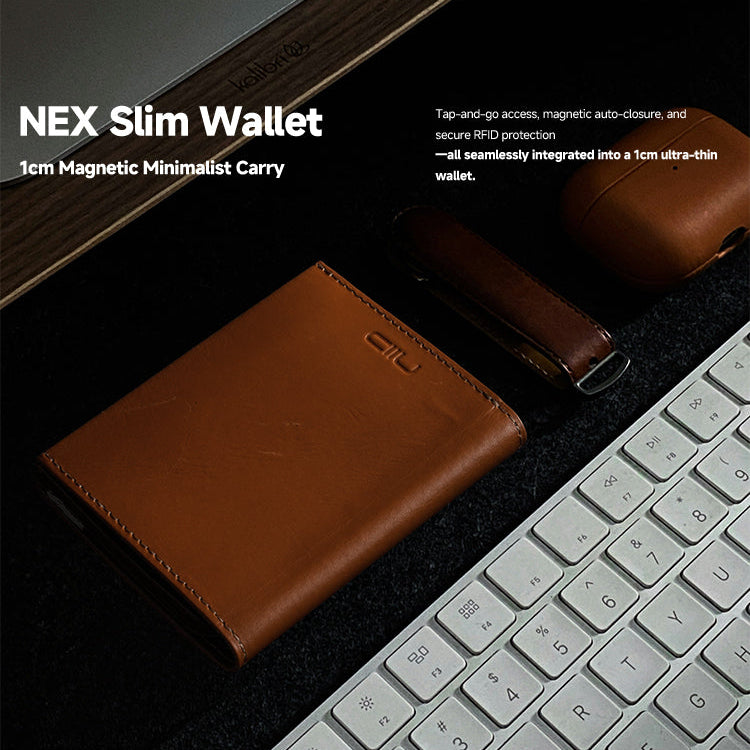 Desk flat lay product shot of tan smooth genuine leather NIID NEX slim bifold wallet on dark textured desktop, paired with white mechanical keyboard, brown leather key fob and leather earbud case; overlaid marketing text introducing 1cm ultra-thin magnetic minimal carry, tap-and-go access, magnetic auto-close and RFID protection features, minimalist office EDC lifestyle product banner