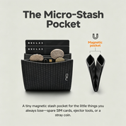 Promotional feature graphic titled "The Micro-Stash Pocket" for NIID NEX Slim gray grid Nebula fabric wallet on off-white background; left side shows wallet interior holding bank cards and coins, right side displays detached flexible magnetic coin pouch diagram labeled "Magnetic pocket", descriptive copy explaining the tiny magnetic storage slot for spare SIM cards, eject pins and loose stray coins, dedicated small item storage feature showcase banner