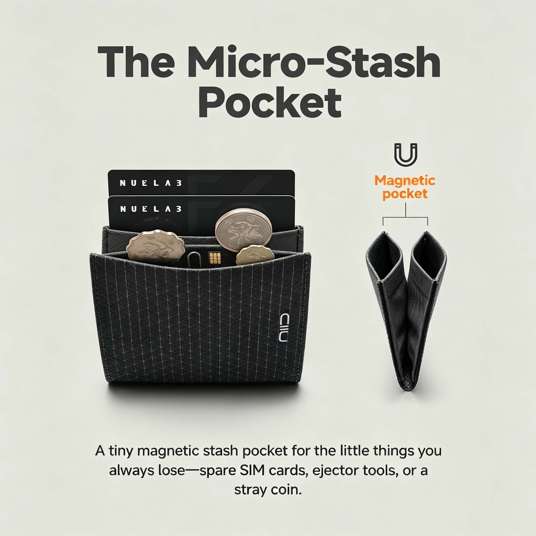 Promotional feature graphic titled "The Micro-Stash Pocket" for NIID NEX Slim gray grid Nebula fabric wallet on off-white background; left side shows wallet interior holding bank cards and coins, right side displays detached flexible magnetic coin pouch diagram labeled "Magnetic pocket", descriptive copy explaining the tiny magnetic storage slot for spare SIM cards, eject pins and loose stray coins, dedicated small item storage feature showcase banner