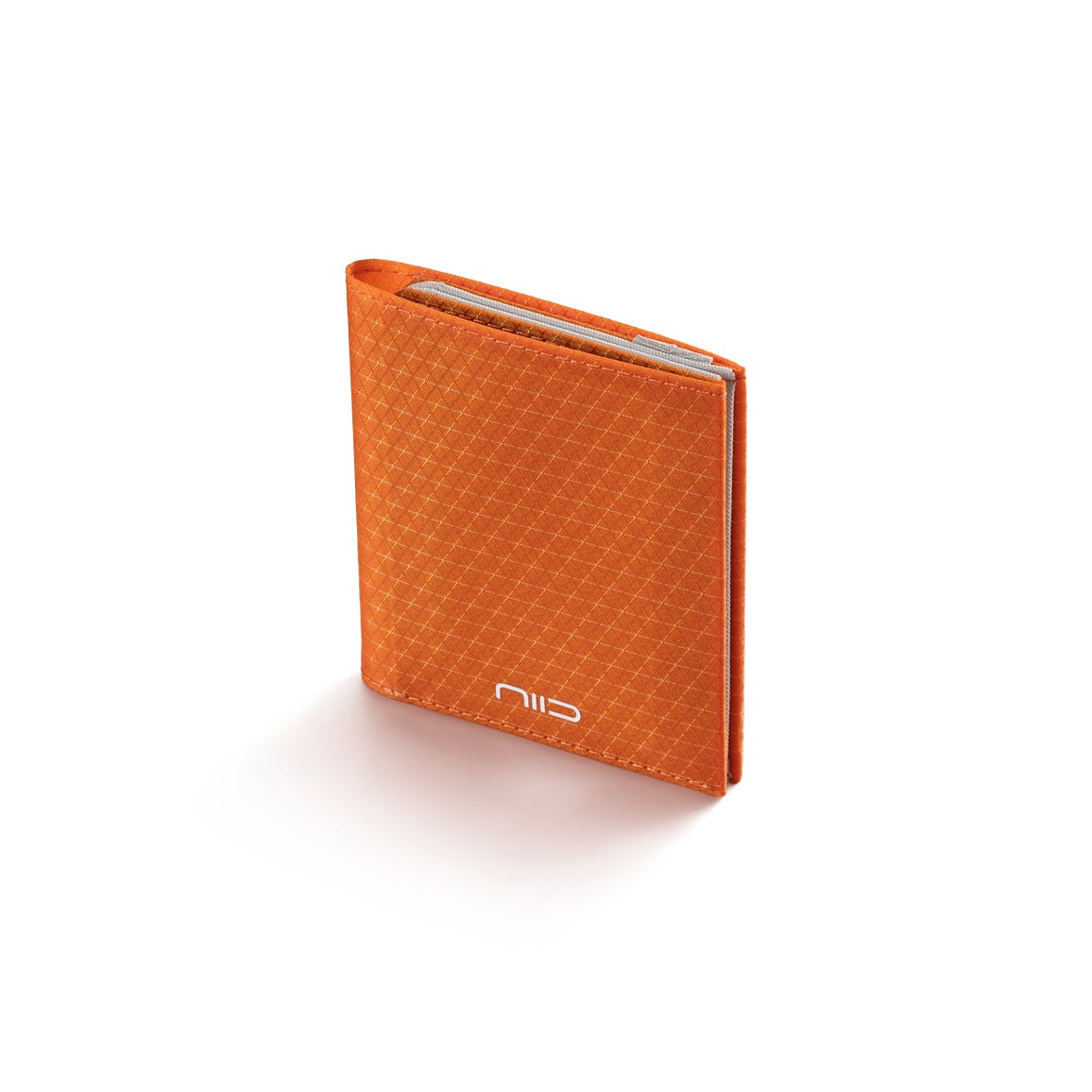 Ember‑Orange NIID NEX Slim Wallet Nebula fabric version, grid textured minimalist bifold card holder, compact travel wallet for men