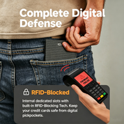 Lifestyle marketing banner for NIID NEX Slim Wallet RFID-blocking feature; a man’s hand pulling gray grid Nebula fabric wallet from blue jeans back pocket, another hand holds POS payment terminal showing "PAYMENT FAILED" red warning screen, large headline "Complete Digital Defense", overlay text explaining built-in dedicated RFID-blocking slots protect credit cards from digital pickpocket scanning, real-world anti-theft security demonstration graphic