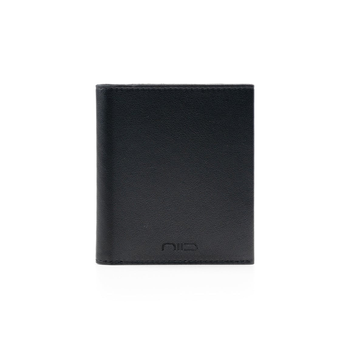 Black smooth‑leather NIID NEX Slim Wallet, minimalist slim bifold card holder, premium genuine‑leather compact travel wallet for men