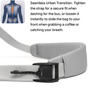 Product feature graphic showcasing light gray breathable padded shoulder strap with quick pull-tab buckle, human torso pressure distribution diagram, copy explaining instant tighten/loosen design for urban commute, plain white minimalist background
