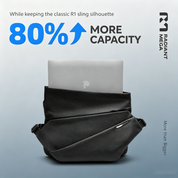 Black NIID R1 Radiant Mega crossbody sling bag holding a laptop. Promotional graphic highlights 80% increased storage capacity while retaining classic R1 sling silhouette, Radiant Mega branding on light gradient background.