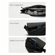 Three-panel feature graphic for black NIID R1 Radiant Mega crossbody sling bag, demonstrating the main compartment, front pocket and hidden front pocket with daily essentials inside to show internal storage layout.