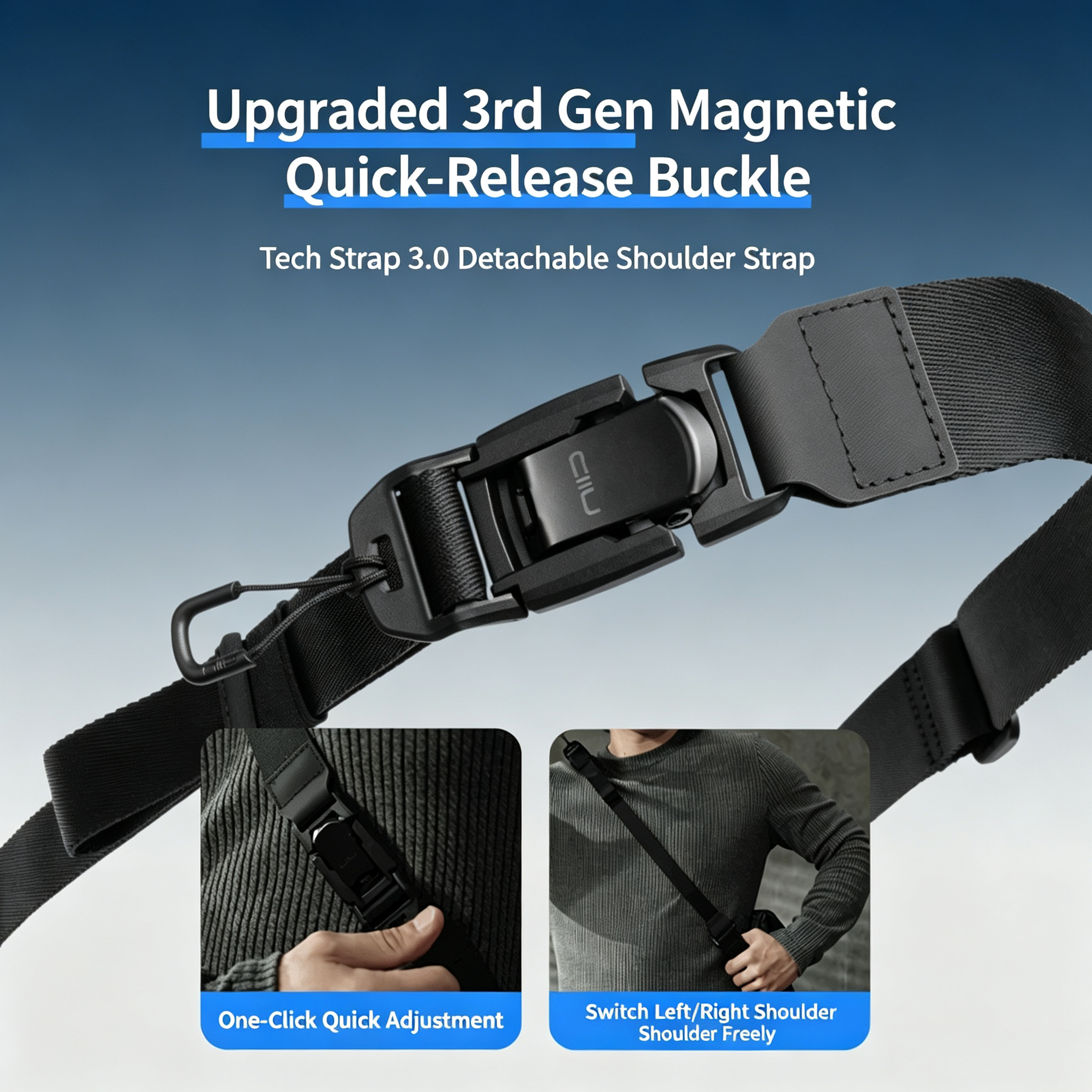 Promotional feature graphic for NIID R1 Radiant Mega sling bag, showcasing upgraded 3rd Gen magnetic quick-release buckle Tech Strap 3.0, supporting one-click quick adjustment and free left/right shoulder switching.