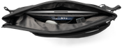  Open interior view of NIID R1 Radiant Mega gray crossbody sling bag, multiple divided storage pockets holding laptop mouse and cards, transparent cutout background organizational detail product photo