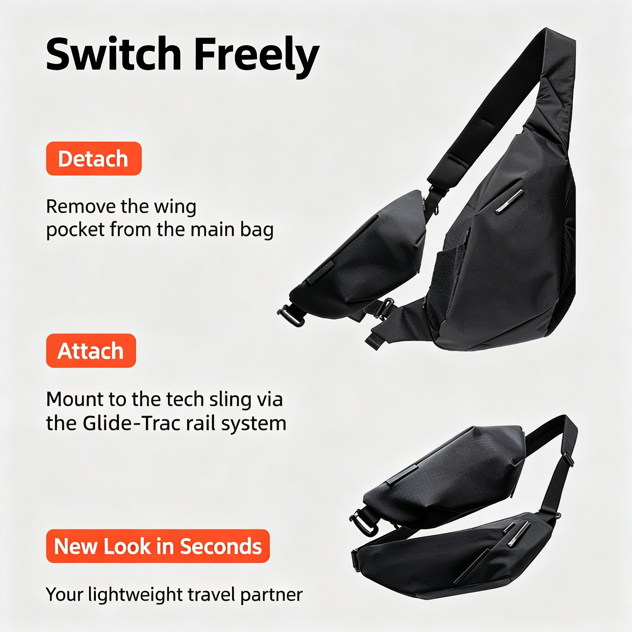 Feature graphic for NIID R2 Everyday Sling Bag in Diamond Grid Black finish, demonstrating modular conversion. Detach the wing pocket from main bag and reattach via the Glide-Trac rail system to switch carry style freely.