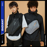 Dual model studio shot showcasing NIID RO Plus sling bags in meteorite black and light gray, unisex urban crossbody chest packs with leather logo tabs, technical streetwear styling, product color selection layout