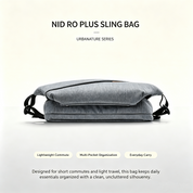 Hero banner of NIID RO Plus light gray crossbody sling bag from Urbanature Series, clean off-white background, feature tags Lightweight Commute, Multi-Pocket Organization, Everyday Carry, minimalist product cover image for urban daily commute introduction
