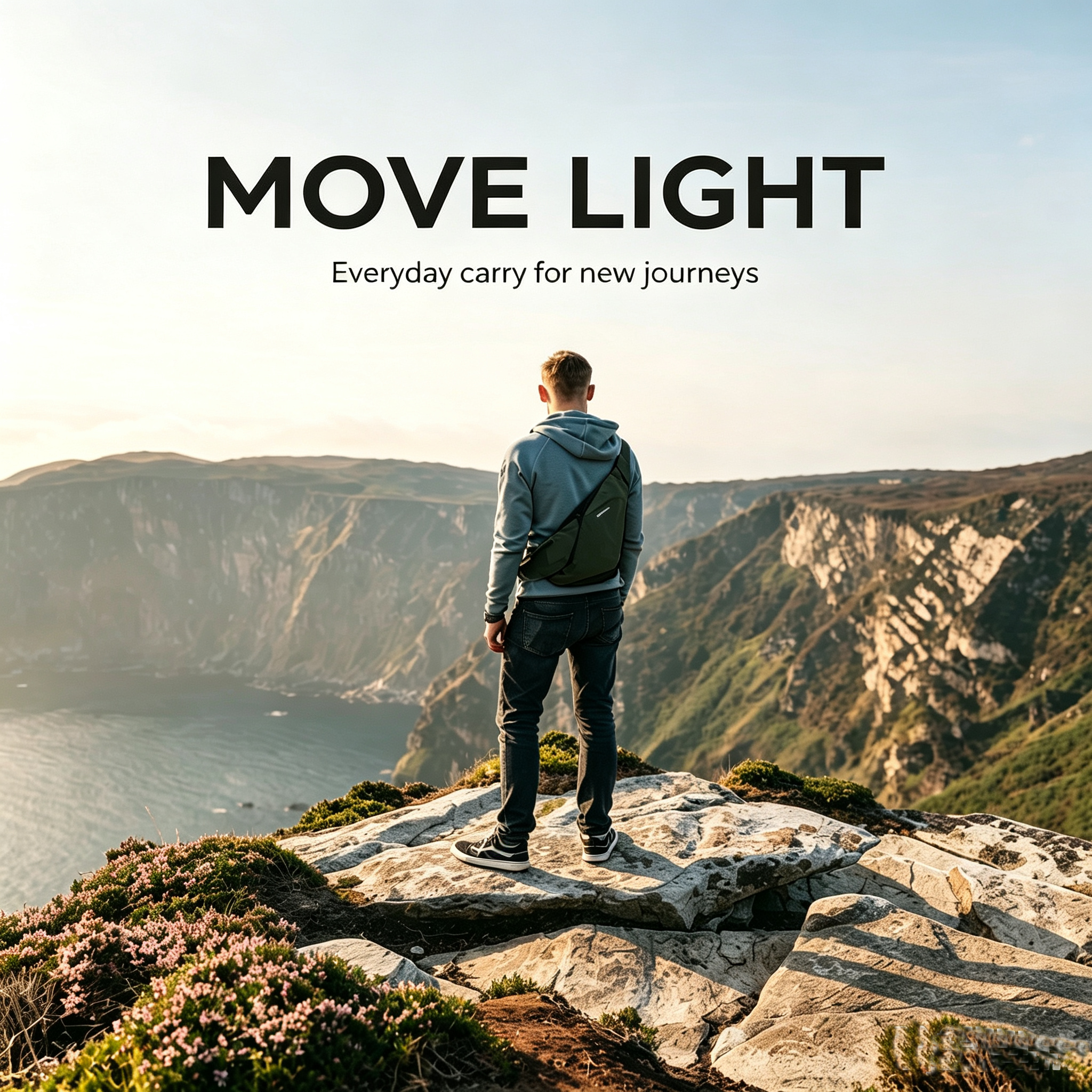 Back view of man standing on rocky coastal cliff overlooking sea valley, wearing dark gray NIID Radiant II modular sling crossbody bag, top headline MOVE LIGHT with subtitle Everyday carry for new journeys, outdoor travel lifestyle hero graphic for lightweight EDC chest pack