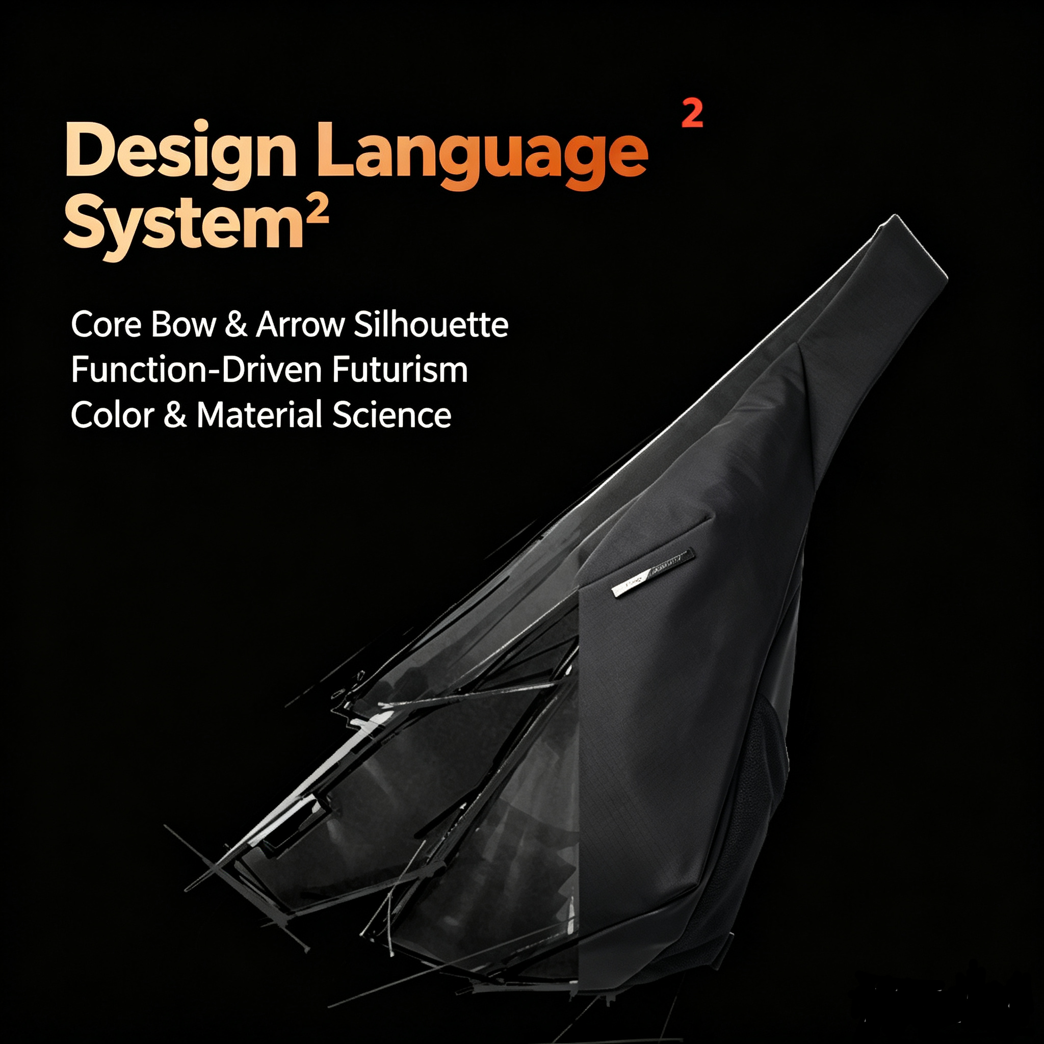 Black NIID Radiant II modular sling bag with geometric sketch overlay on dark background, promotional slide featuring Design Language System text, core bow arrow silhouette futuristic design introduction for EDC crossbody chest pack