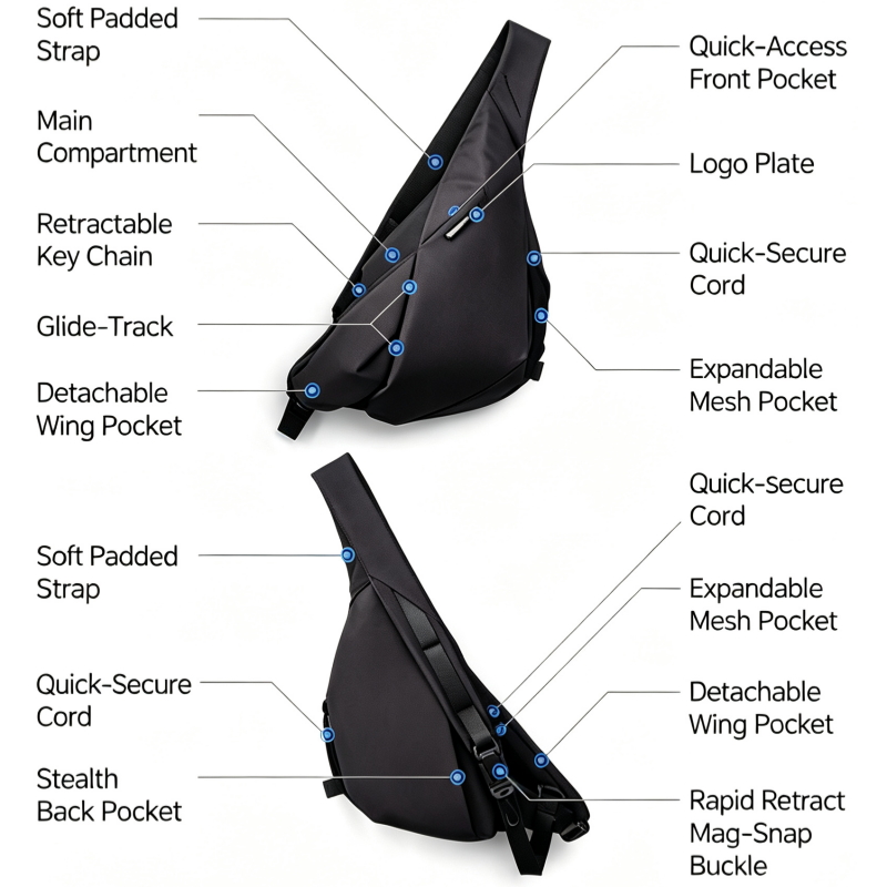 Product feature infographic of black NIID Radiant II modular sling crossbody bag shown from front and rear angles, complete labeled callouts for padded strap, compartments, detachable wing pocket, magnetic buckle, mesh side pocket and all hardware details on clean white background