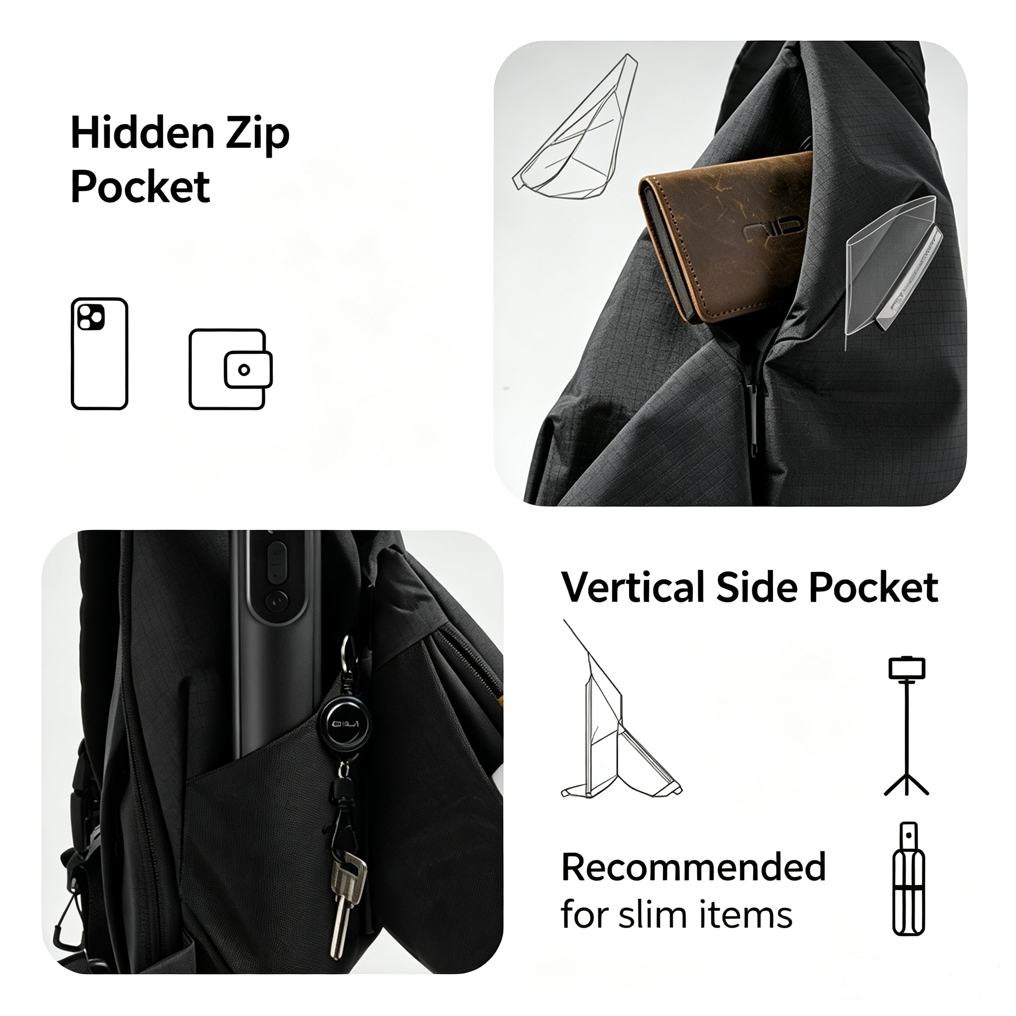 Feature diagram of black NIID Radiant II modular sling bag, showing hidden zip pocket for wallet and phone, vertical side pocket designed for slim accessories, equipped with line sketch illustrations and storage icon cues on clean white background