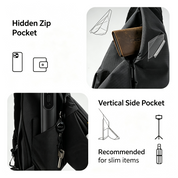 Feature diagram of black NIID Radiant II modular sling bag, showing hidden zip pocket for wallet and phone, vertical side pocket designed for slim accessories, equipped with line sketch illustrations and storage icon cues on clean white background