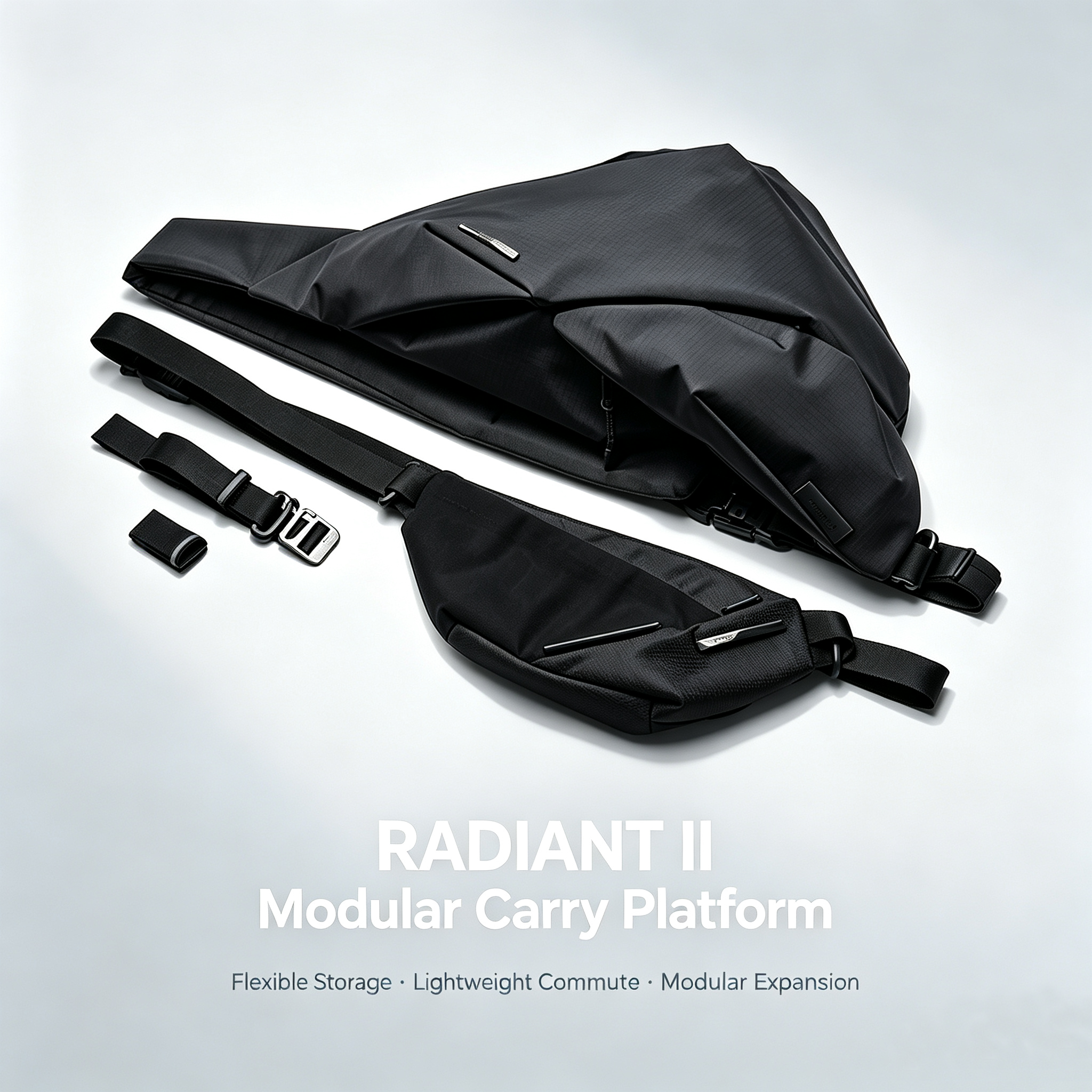 Studio product photo of black NIID Radiant II modular sling bag full set including main bag, detachable wing pocket and adjustable strap hardware on light gray background, text Radiant II Modular Carry Platform with feature tags Flexible Storage Lightweight Commute Modular Expansion