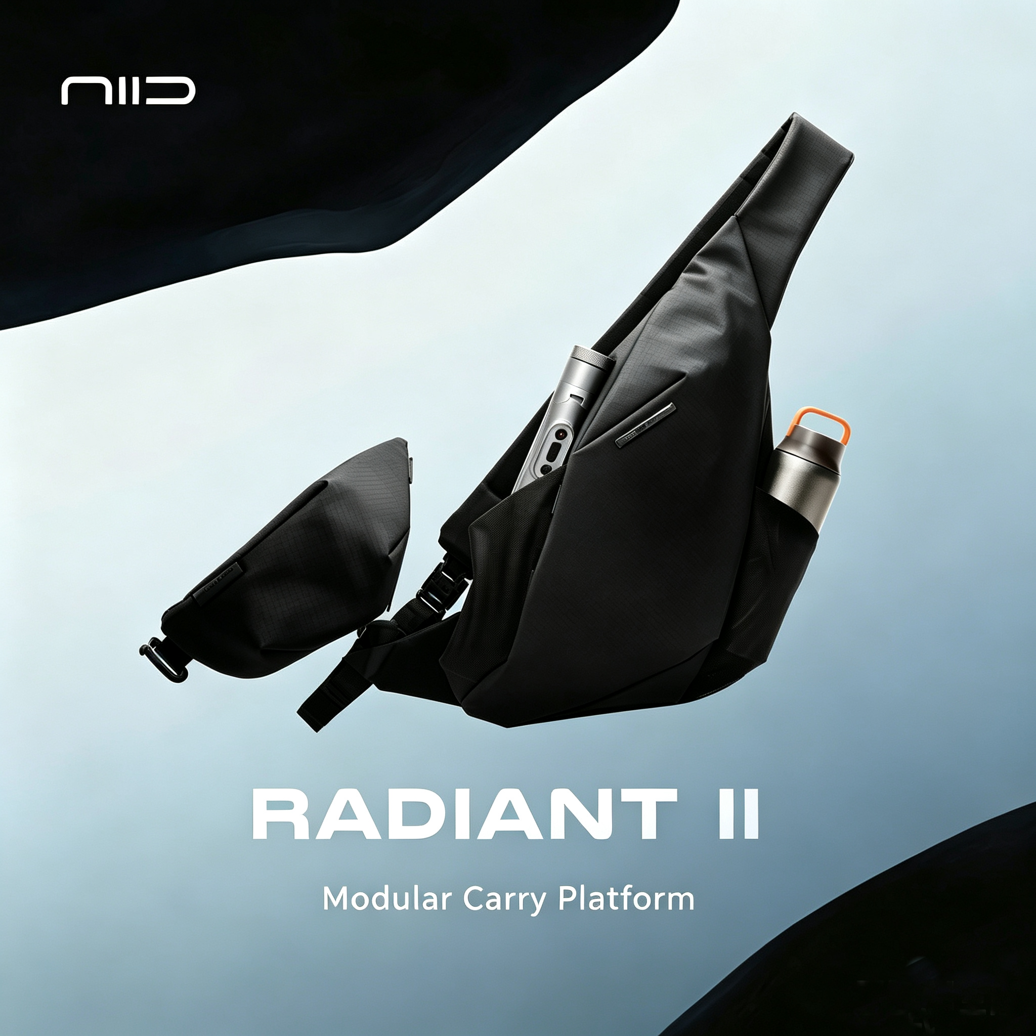 NIID Radiant II black modular sling bag with detachable wing pouch, water bottle and selfie stick inside side pocket, gradient light blue background hero graphic titled Modular Carry Platform