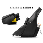 Black NIID Radiant I and Radiant II modular crossbody sling bag side-by-side comparison on white background, upgraded Radiant II larger design with side water bottle pocket, portable EDC chest bag for urban commute