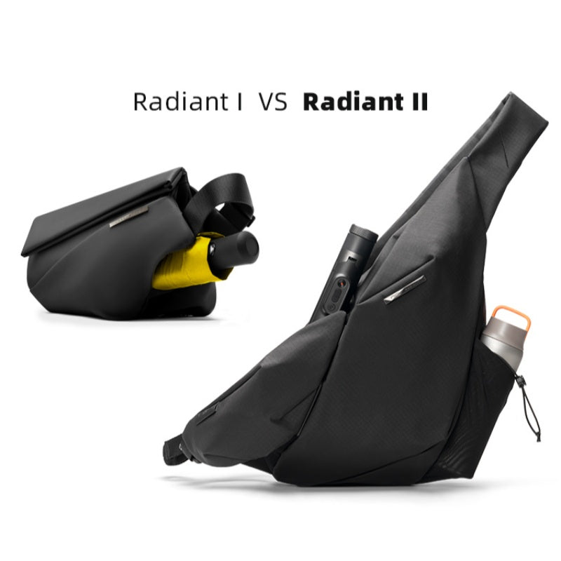 Black NIID Radiant I and Radiant II modular crossbody sling bag side-by-side comparison on white background, upgraded Radiant II larger design with side water bottle pocket, portable EDC chest bag for urban commute