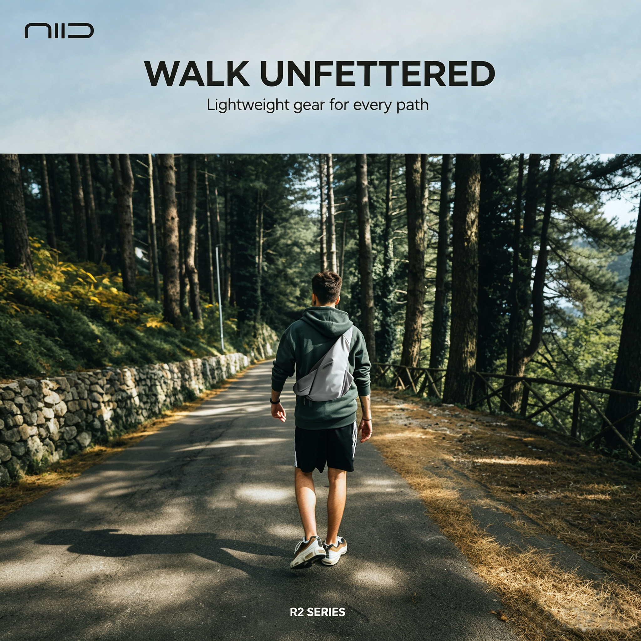Outdoor lifestyle shot of man walking forest path with gray NIID Radiant II modular sling crossbody bag, top banner text WALK UNFETTERED lightweight gear for every path, R2 SERIES hero scene for urban commute EDC chest pack