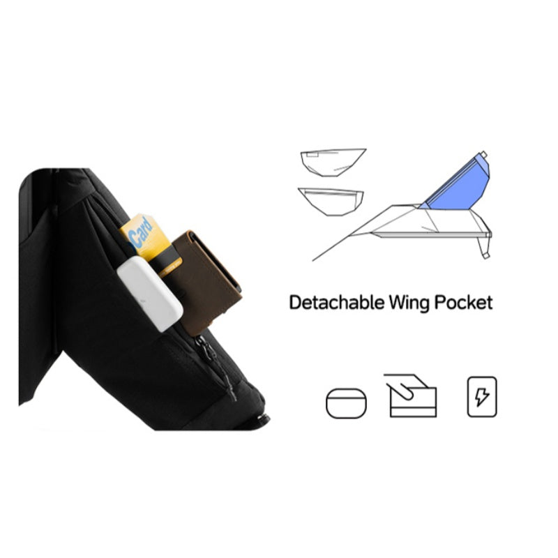 NIID Radiant R2 crossbody sling bag detachable wing pocket, black modular chest bag with storage pouch for cards and gadgets, technical sketch showing expandable side pocket feature