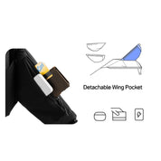 NIID Radiant R2 crossbody sling bag detachable wing pocket, black modular chest bag with storage pouch for cards and gadgets, technical sketch showing expandable side pocket feature