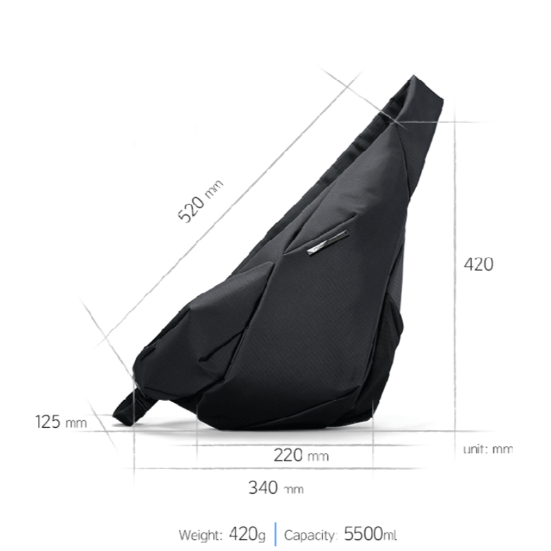 Black NIID Radiant II modular crossbody sling bag with full size dimension markings, weight 420g and 5500ml capacity data on white background, technical measurement diagram of EDC chest pack