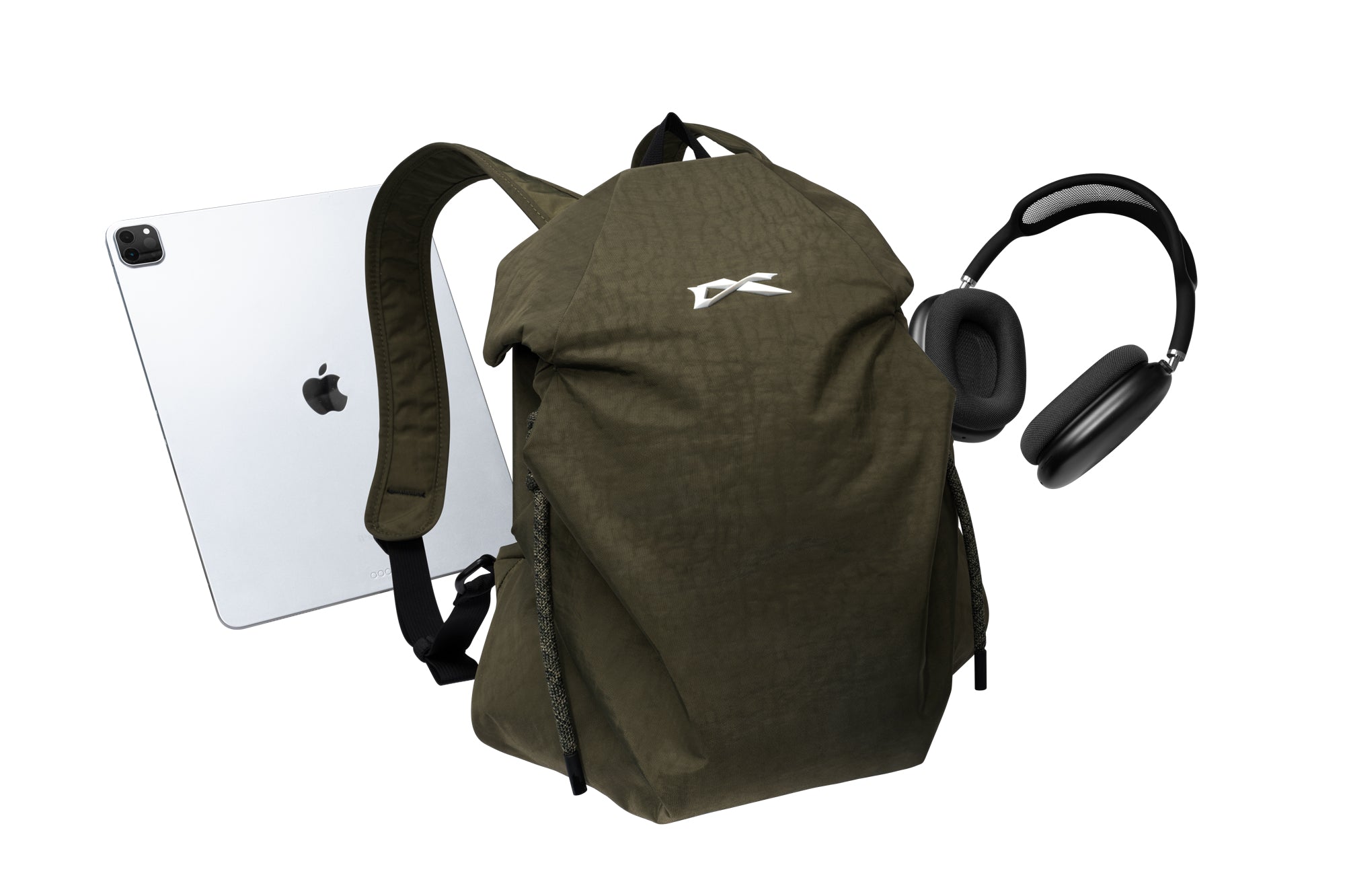 Olive green NIID VIA roll-top backpack paired with tablet and over-ear headphones, showcasing spacious storage capacity ideal for daily office commutes and digital carry