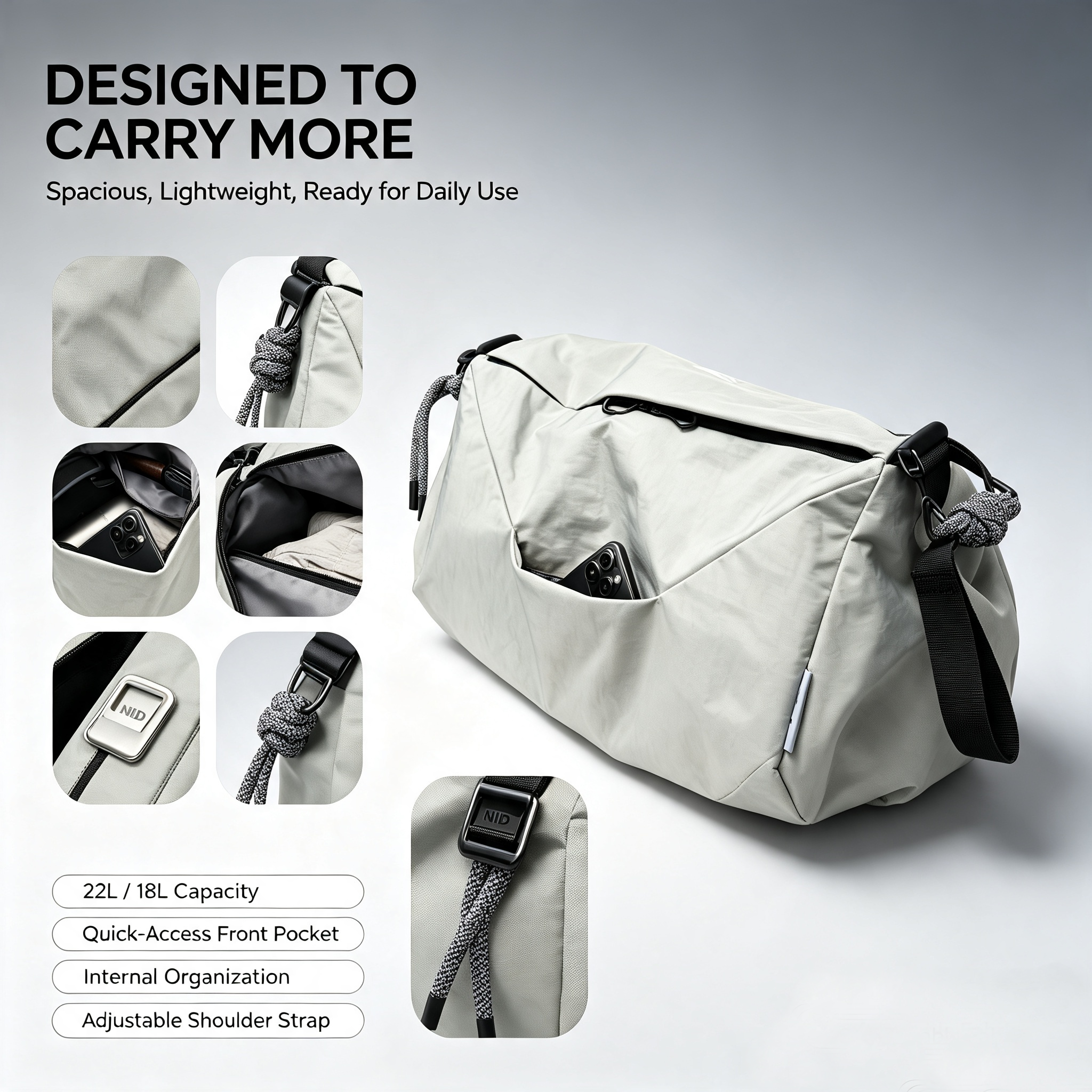 NIID VIA Gym Bag feature introduction poster, light‑grey duffle bag with close‑up details and functional description text