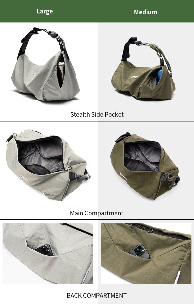  NIID VIA gym duffle bag size comparison graphic of Large vs Medium silhouette, showcasing stealth side pocket, spacious main compartment and rear back storage pocket, dual color gray and olive green display white background feature chart