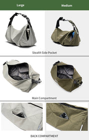 NIID VIA gym duffle bag size comparison graphic of Large vs Medium silhouette, showcasing stealth side pocket, spacious main compartment and rear back storage pocket, dual color gray and olive green display white background feature chart