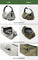  NIID VIA gym duffle bag size comparison graphic of Large vs Medium silhouette, showcasing stealth side pocket, spacious main compartment and rear back storage pocket, dual color gray and olive green display white background feature chart