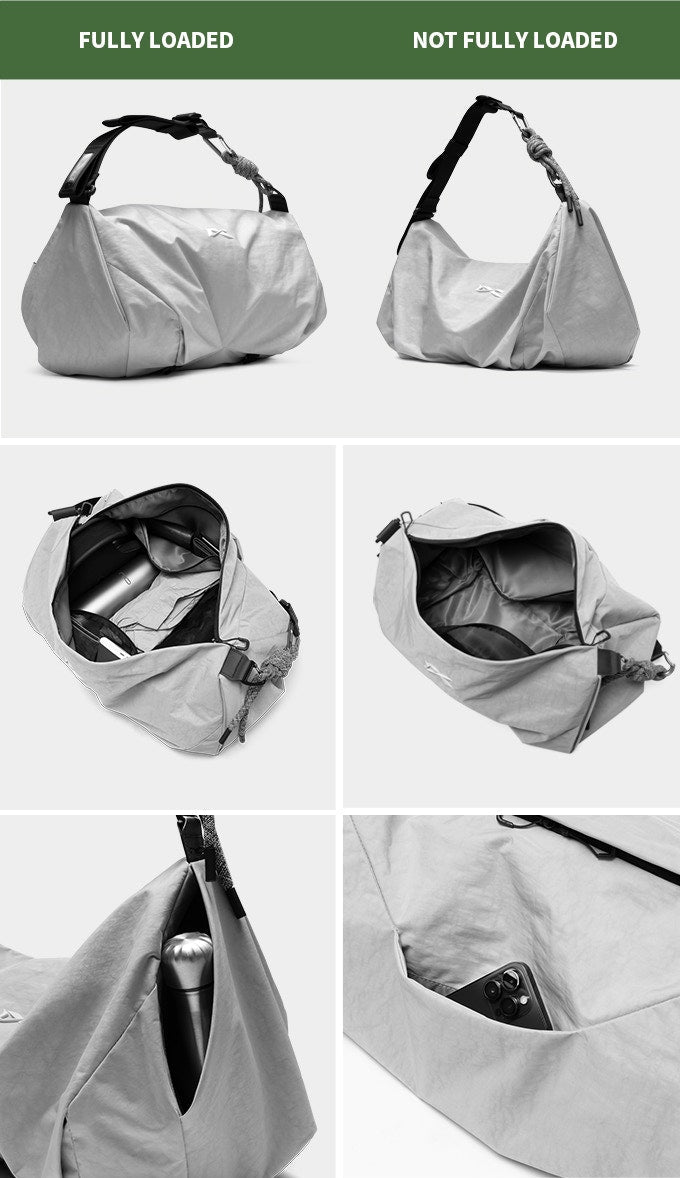 NIID VIA cool gray gym duffle bag capacity demonstration infographic, fully loaded vs empty exterior comparison, multi-compartment interior storage, side pocket holding water bottle and smartphone, white background feature graphic