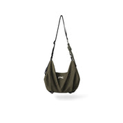 Olive green NIID VIA Gym Bag slouchy shoulder bag against plain white background
