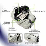 Opened light‑grey NIID VIA Gym Bag with marked‑pointer for inner compartments, climbing‑rope strap and close‑ups of magnetic pockets