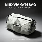  Promotional banner of NIID VIA Gym Bag, light‑grey duffle bag on dark‑grey gradient background with size‑related text